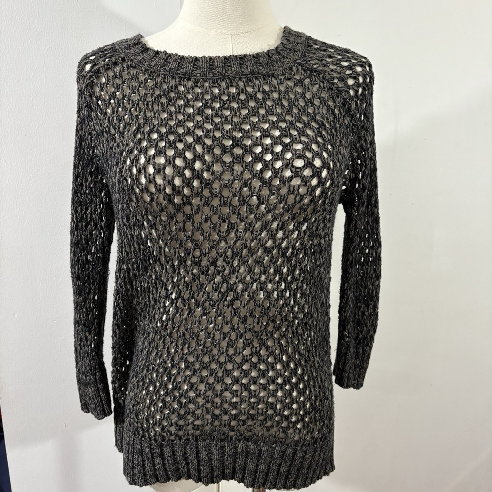 Willi‎ Smith Open Knit Women Gray Pullover Sweater Sz S Back Zipper Boho Grunge
